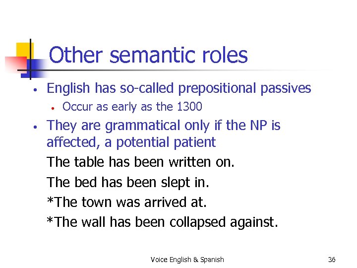 Other semantic roles • English has so-called prepositional passives • • Occur as early