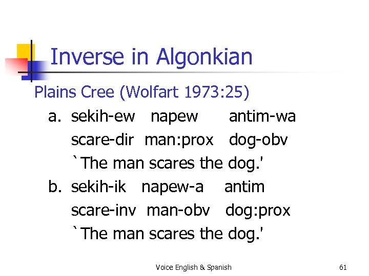 Inverse in Algonkian Plains Cree (Wolfart 1973: 25) a. sekih-ew napew antim-wa scare-dir man: