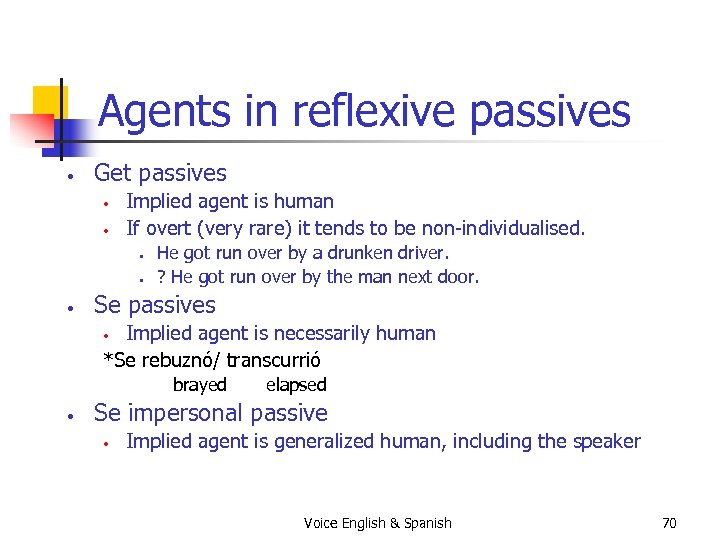 Agents in reflexive passives • Get passives • • Implied agent is human If