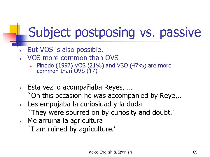 Subject postposing vs. passive • • But VOS is also possible. VOS more common
