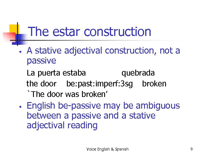The estar construction • A stative adjectival construction, not a passive La puerta estaba