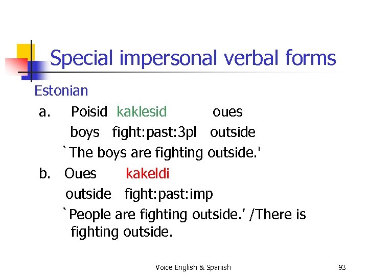 Special impersonal verbal forms Estonian a. Poisid kaklesid oues boys fight: past: 3 pl