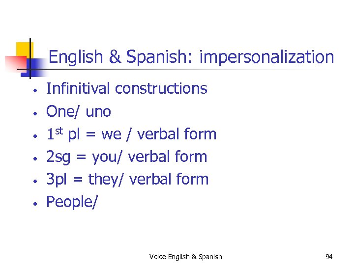 English & Spanish: impersonalization • • • Infinitival constructions One/ uno 1 st pl