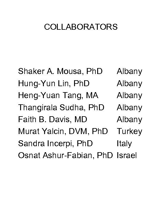 COLLABORATORS Shaker A. Mousa, Ph. D Hung-Yun Lin, Ph. D Heng-Yuan Tang, MA Thangirala