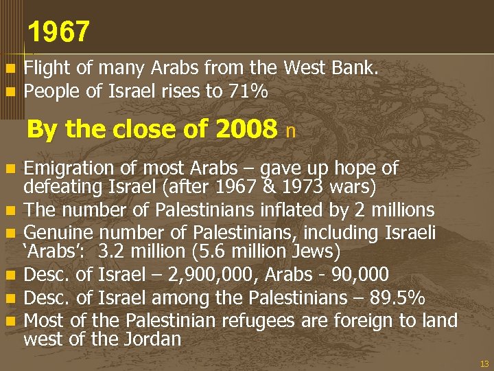 1967 n n Flight of many Arabs from the West Bank. People of Israel