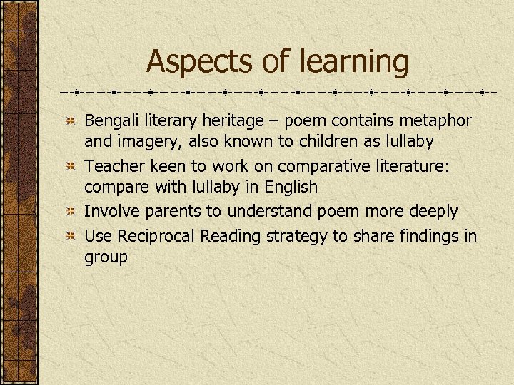 Aspects of learning Bengali literary heritage – poem contains metaphor and imagery, also known