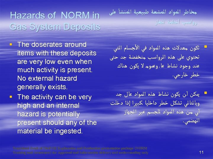 Hazards of NORM in Gas System Deposits ﻣﺨﺎﻃﺮ ﺍﻟﻤﻮﺍﺩ ﺍﻟﻤﺸﻌﺔ ﻃﺒﻴﻌﻴﺔ ﺍﻟﻤﻨﺸﺄ ﻋﻠﻰ ﺭﻭﺍﺳﺐ