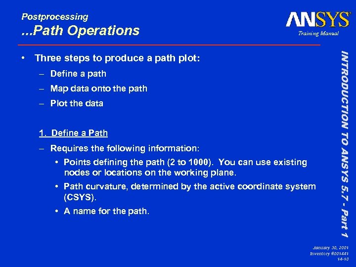 Postprocessing . . . Path Operations Training Manual – Define a path – Map