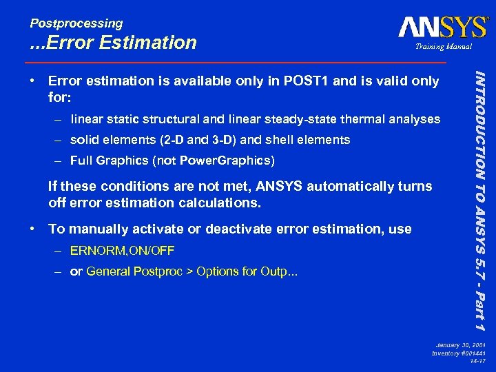 Postprocessing . . . Error Estimation Training Manual – linear static structural and linear