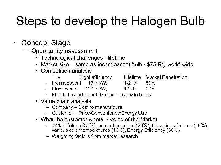 Steps to develop the Halogen Bulb • Concept Stage – Opportunity assessment • Technological