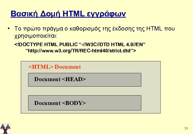 Βασική Δομή HTML εγγράφων • Το πρώτο πράγμα ο καθορισμός της έκδοσης της HTML