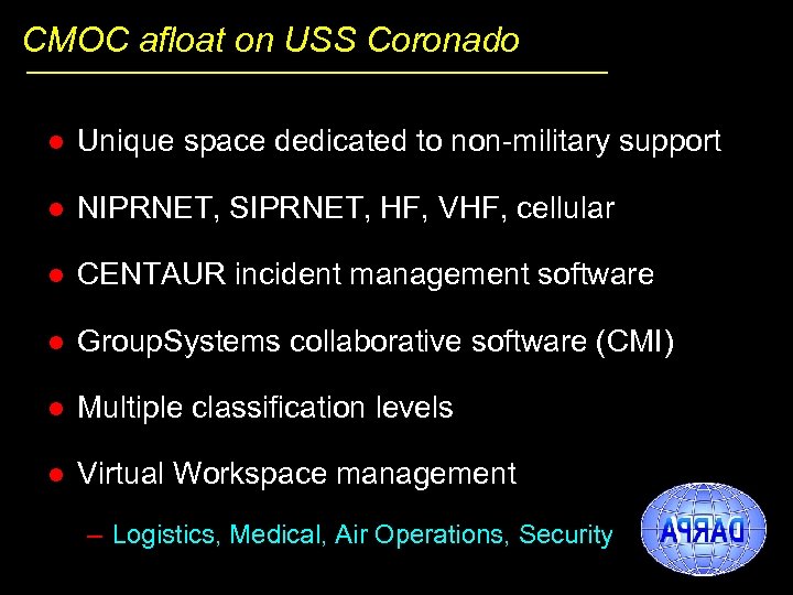 CMOC afloat on USS Coronado l Unique space dedicated to non-military support l NIPRNET,