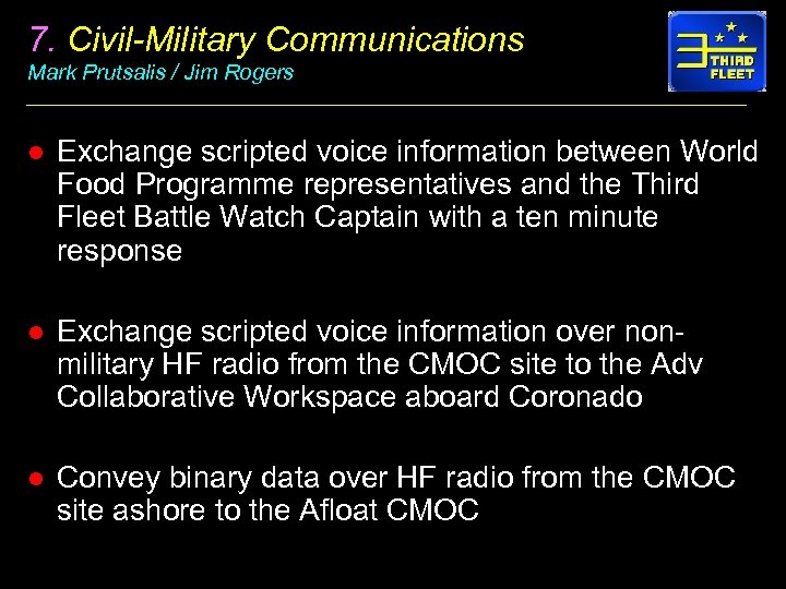 7. Civil-Military Communications Mark Prutsalis / Jim Rogers l Exchange scripted voice information between