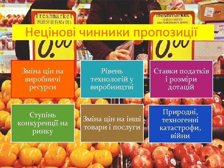 Нецінові чинники пропозиції Зміна цін на виробничі ресурси Ступінь конкуренції на ринку Рівень технологій