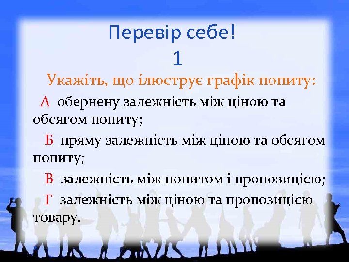 Перевір себе! 1 Укажіть, що ілюструє графік попиту: А обернену залежність між ціною та