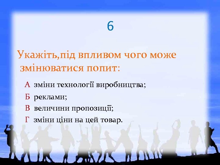 6 Укажіть, під впливом чого може змінюватися попит: А зміни технології виробництва; Б реклами;