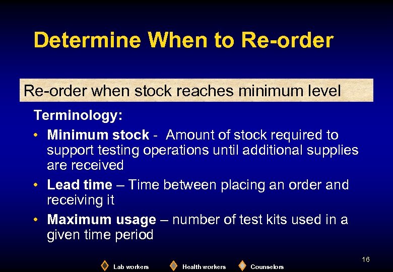 Determine When to Re-order when stock reaches minimum level Terminology: • Minimum stock -