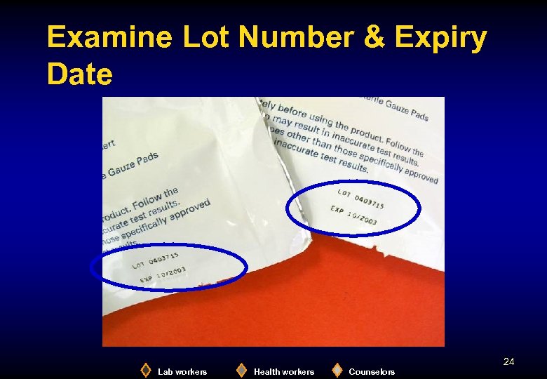 Examine Lot Number & Expiry Date 24 Lab workers Health workers Counselors 