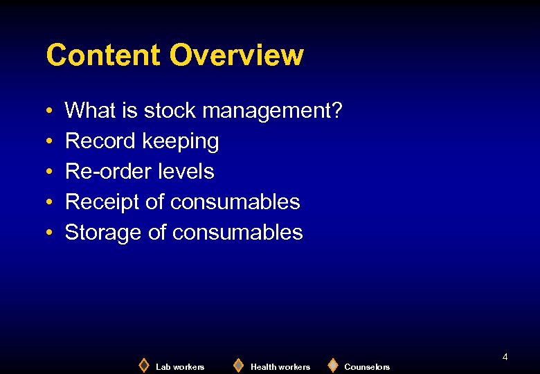 Content Overview • • • What is stock management? Record keeping Re-order levels Receipt