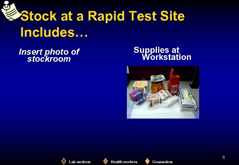 Stock at a Rapid Test Site Includes… Insert photo of stockroom Supplies at Workstation