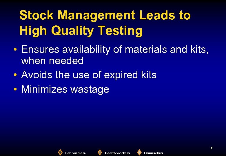 Stock Management Leads to High Quality Testing • Ensures availability of materials and kits,