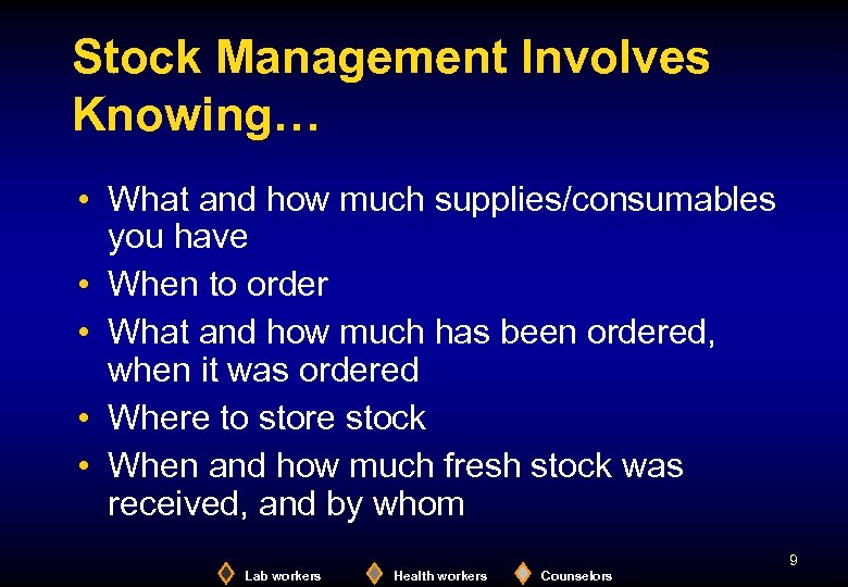 Stock Management Involves Knowing… • What and how much supplies/consumables you have • When