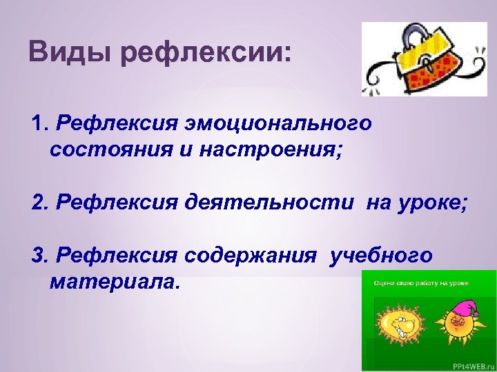 Виды рефлексии: 1. Рефлексия эмоционального состояния и настроения; 2. Рефлексия деятельности на уроке; 3.