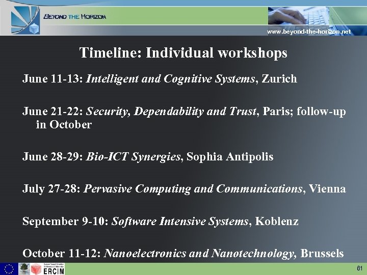 www. beyond-the-horizon. net Timeline: Individual workshops June 11 -13: Intelligent and Cognitive Systems, Zurich