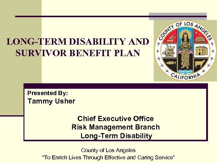 LONG-TERM DISABILITY AND SURVIVOR BENEFIT PLAN Presented By: Tammy Usher Chief Executive Office Risk