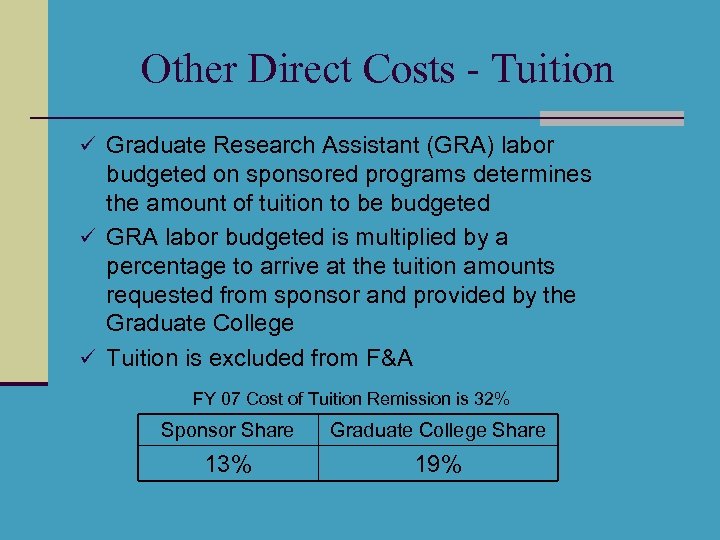 Other Direct Costs - Tuition ü Graduate Research Assistant (GRA) labor budgeted on sponsored