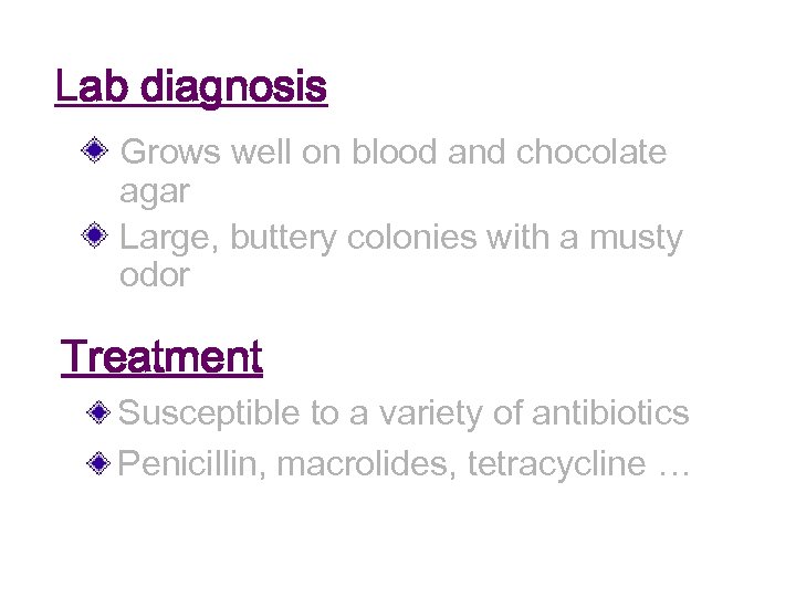 Lab diagnosis Grows well on blood and chocolate agar Large, buttery colonies with a