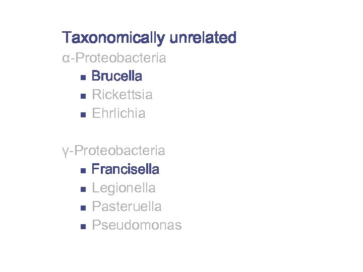 Taxonomically unrelated α-Proteobacteria n Brucella n Rickettsia n Ehrlichia γ-Proteobacteria n Francisella n Legionella