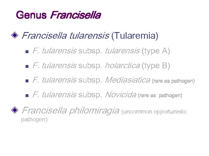 Genus Francisella tularensis (Tularemia) n F. tularensis subsp. tularensis (type A) n F. tularensis