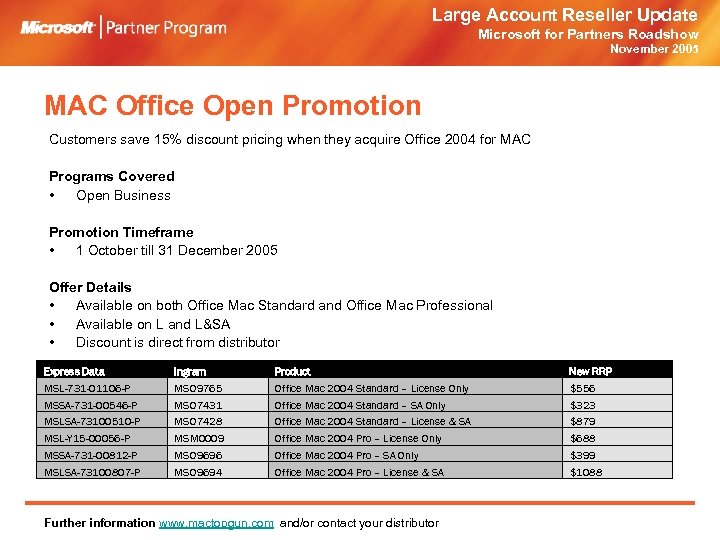 Large Account Reseller Update Microsoft for Partners Roadshow November 2005 MAC Office Open Promotion