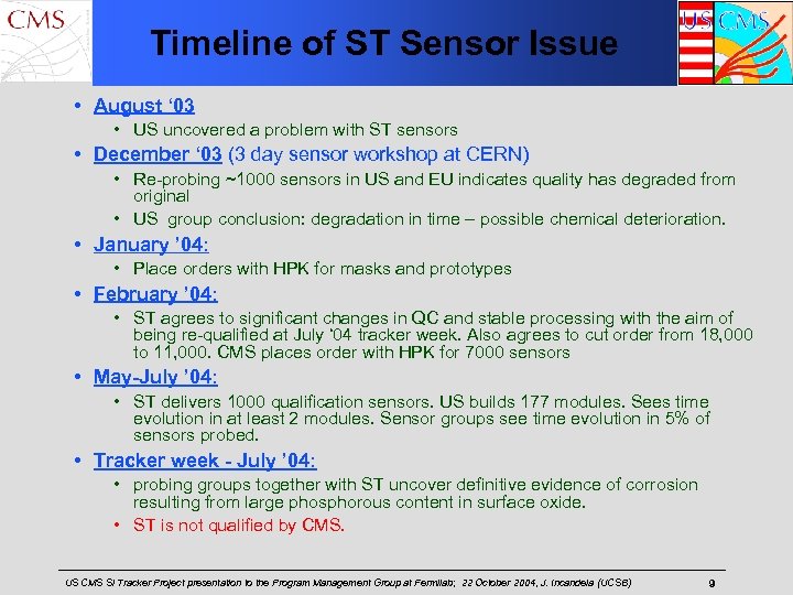 Timeline of ST Sensor Issue • August ‘ 03 • US uncovered a problem