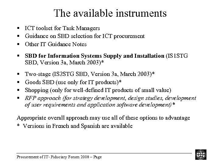 The available instruments § ICT toolset for Task Managers § Guidance on SBD selection