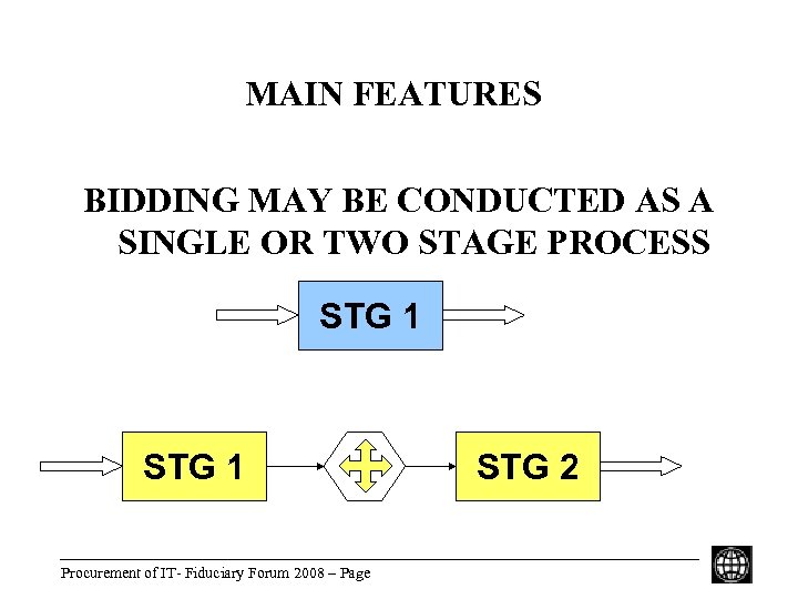 MAIN FEATURES BIDDING MAY BE CONDUCTED AS A SINGLE OR TWO STAGE PROCESS STG