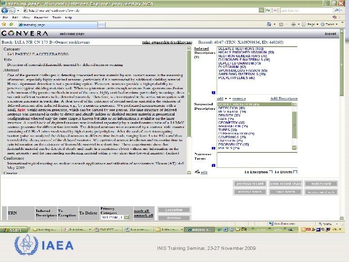 IAEA INIS Training Seminar, 23 -27 November 2009 