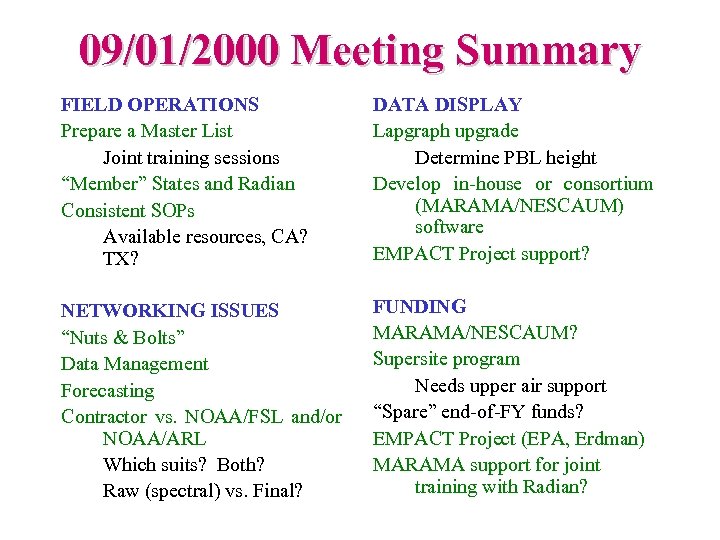09/01/2000 Meeting Summary FIELD OPERATIONS Prepare a Master List Joint training sessions “Member” States