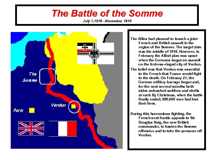 The Battle of the Somme July 1, 1916 –November 1916 The Allies had planned