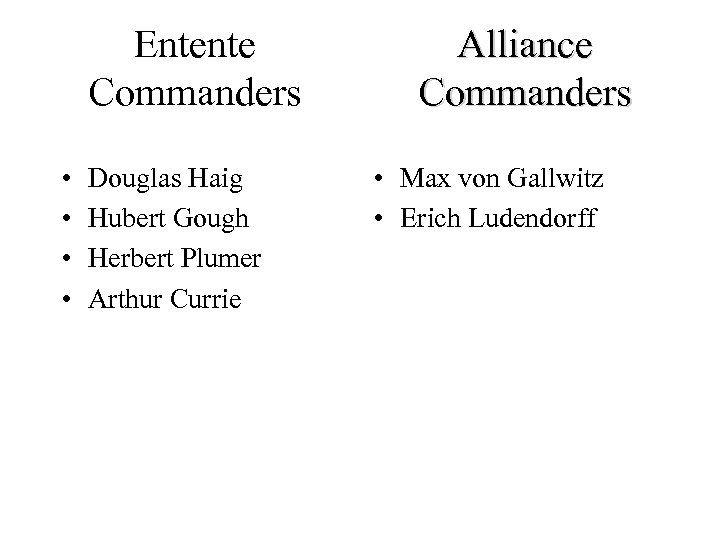 Entente Commanders • • Douglas Haig Hubert Gough Herbert Plumer Arthur Currie Alliance Commanders