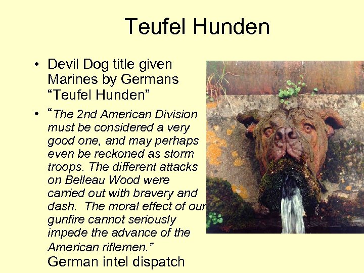 Teufel Hunden • Devil Dog title given Marines by Germans “Teufel Hunden” • “The