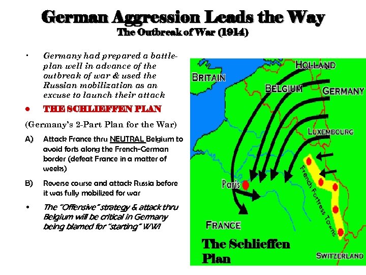 German Aggression Leads the Way The Outbreak of War (1914) • Germany had prepared