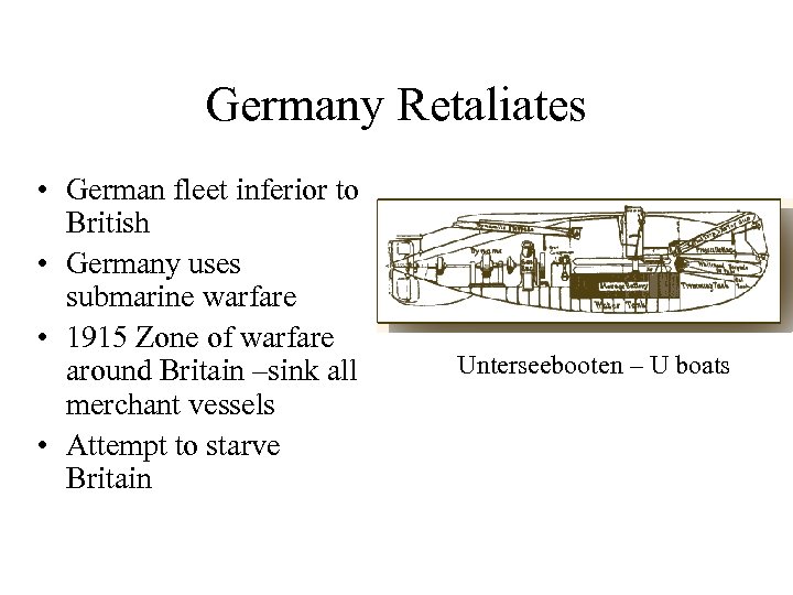 Germany Retaliates • German fleet inferior to British • Germany uses submarine warfare •