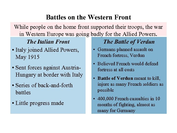 Battles on the Western Front While people on the home front supported their troops,