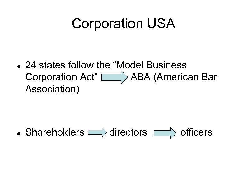 Corporation USA 24 states follow the “Model Business Corporation Act” ABA (American Bar Association)