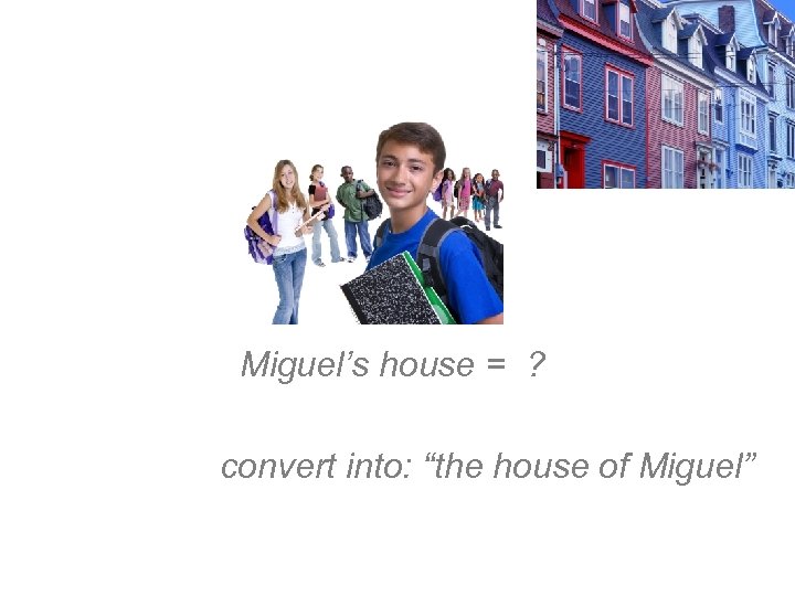 Miguel’s house = ? convert into: “the house of Miguel” 