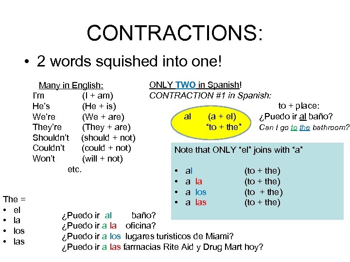 CONTRACTIONS: • 2 words squished into one! Many in English: I’m (I + am)