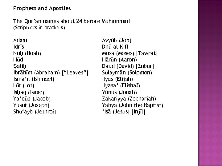 Prophets and Apostles The Qur’an names about 24 before Muhammad (Scriptures in brackets) Adam