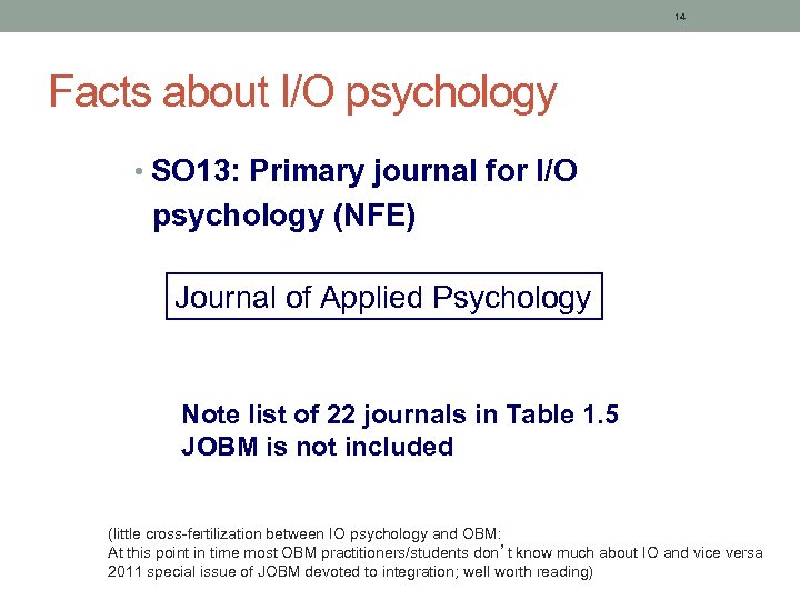 14 Facts about I/O psychology • SO 13: Primary journal for I/O psychology (NFE)